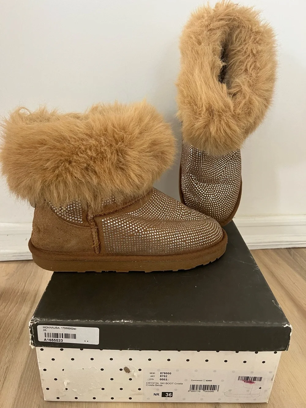 MonnaLisa Brown Crystal-Embellished Fur-Trim Booties Size 36 Ski boots